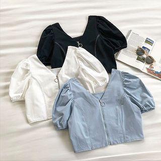 Plain V-neck Zipper Puff-sleeve Blouse