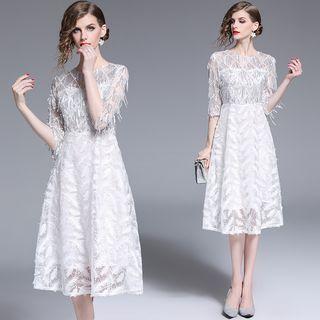 Elbow-sleeve Rhinestone A-line Dress