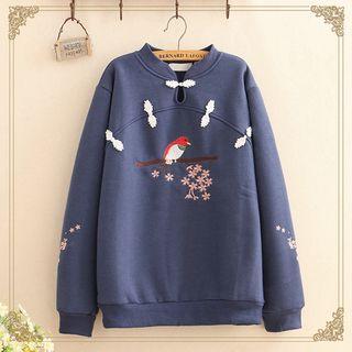 Frog-button Bird Embroidered Fleece-lined Sweatshirt