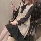Set: Bell-sleeve Plaid Midi A-line Dress + Cable Knit Sweater Vest