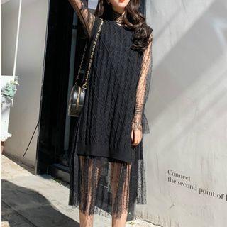 Long-sleeve Midi A-line Dotted Mesh Dress / Long Cable-knit Vest