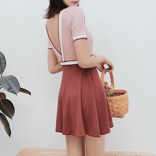 Set: Color Block Short-sleeve Swimsuit + Swim Skirt
