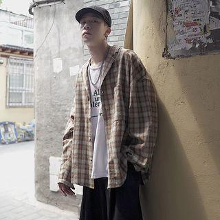 Lapel Collar Plaid Long-sleeve Shirt