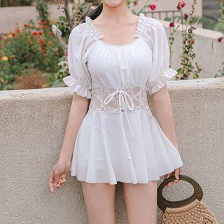 Short-sleeve Lace Panel Frill Trim Swimdress