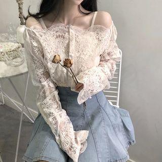 Set: Long-sleeve Lace Top + Camisole Top Set - Off White - One Size