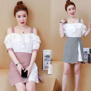 Set: Plaid Panel Off Shoulder Short Sleeve Dress+ Plaid A-line Skirt