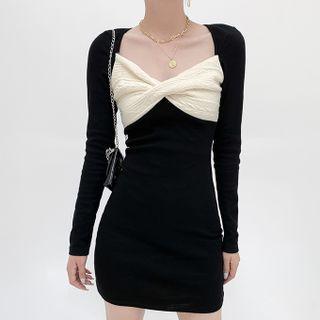 Long-sleeve Knit Panel Mini Bodycon Dress