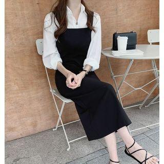 Long-sleeve Plain Shirt / Plain Midi Jumper Dress