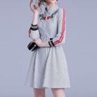 3/4-sleeve Embroidered Striped A-line Mini Dress