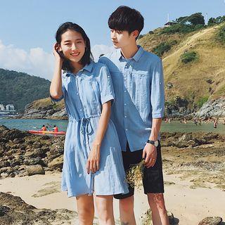 Couple Matching Plain Elbow Sleeve Shirt / Short Sleeve Shirt Dress