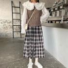 Eyelet Lace Blouse / Cable-knit Vest / Plaid Midi A-line Skirt