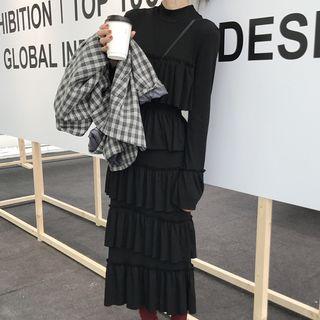 Long-sleeve Midi Layered Dress Black - One Size