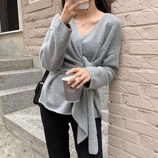 Long-sleeve Drawstring Waist Plain Knit Top