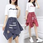 Set: Short-sleeve T-shirt + Asymmetric Hem Plaid Skirt