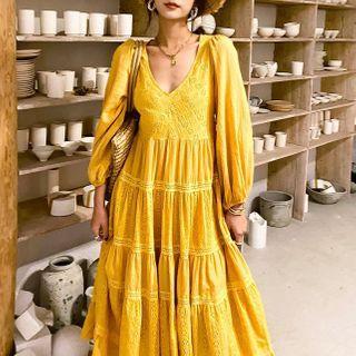 Long-sleeve Eyelet Lace Tiered Midi A-line Dress