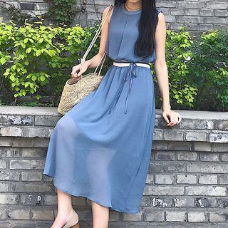 Drawstring Waist Sleeveless A-line Midi Dress