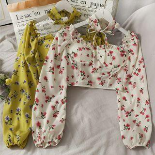 Off-shoulder Ruffled-trim Floral Crop Top With Choker