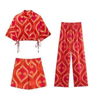 Print Elbow-sleeve Crop Shirt / High Waist Shorts / Wide Leg Pants