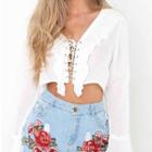 Long Sleeve Lace Up Ruffle Cropped Top
