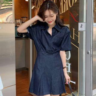 Elbow-sleeve Denim Mini Pleated Shirtdress