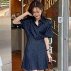 Elbow-sleeve Denim Mini Pleated Shirtdress