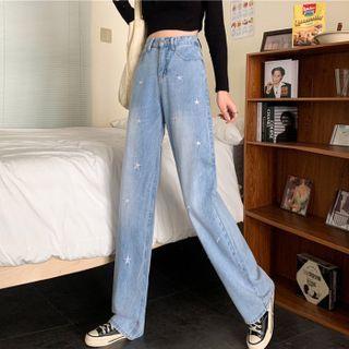 Embroidered Straight-fit Jeans / Belt / Set