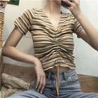 Short-sleeve Striped Drawstring Ribbed T-shirt