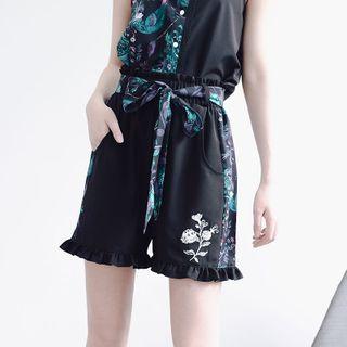 Printed Panel Ruffle Trim Wide-leg Shorts