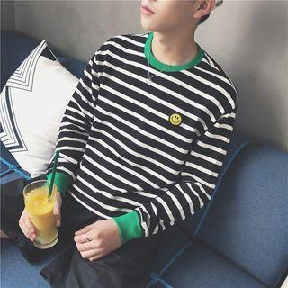 Smile Applique Striped Long-sleeve T-shirt