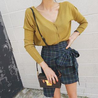 Beribboned Plaid Mini Wrap Skirt