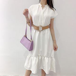Ruffle Hem Cap-sleeve Midi Shift Dress