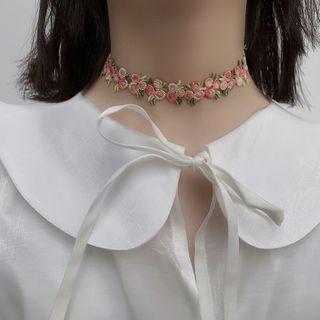 Fabric Flower Choker 1 Pc - Flower - Pink & Green - One Size
