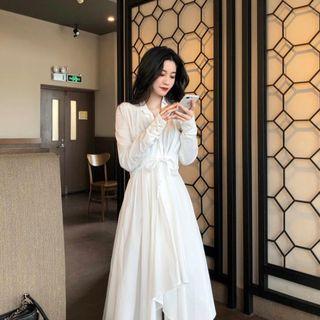 Irregular Hem Tie-waist Long-sleeve Midi A-line Dress White - One Size