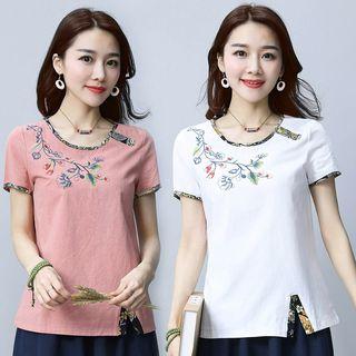 Short-sleeve Embroidered Contrast Trim Top