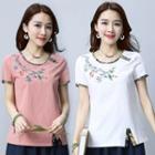 Short-sleeve Embroidered Contrast Trim Top