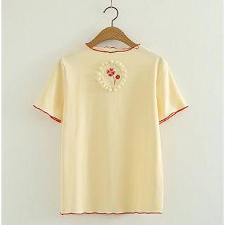 Clover Embroidered Pom Pom Short Sleeve T-shirt