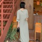 Balloon-sleeve Drape-neck Maxi Dress