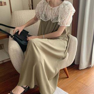 Set: Short-sleeve Lace Top + Spaghetti Strap Midi A-line Dress