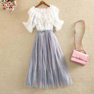Set: Ruffle Trim Short-sleeve Top + Midi Mesh Skirt