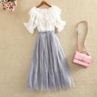 Set: Ruffle Trim Short-sleeve Top + Midi Mesh Skirt