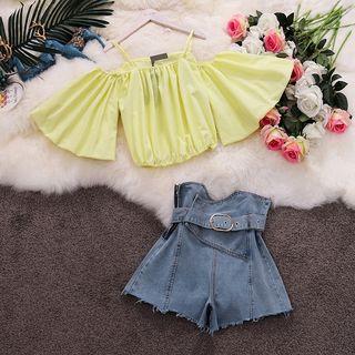 Set: Plain Cold Shoulder Elbow-sleeve Blouse + High-waist Denim Shorts