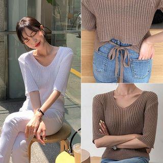 Tie-back See-through Rib-knit Top