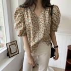 V-neck Floral Print Puff Short-sleeve Blouse As Shown In Figure - One Size