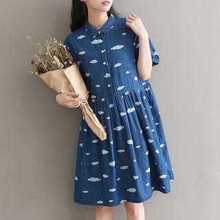 Cloud Print Short-sleeve Shirt Dress