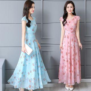 Floral Cap-sleeve Maxi A-line Dress