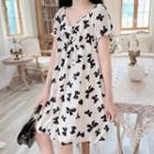 Short-sleeve Bow Print Bow A-line Dress