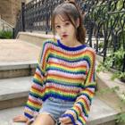 Set: Long-sleeve Rainbow Perforated Knit Top + Camisole Top Stripes - Rainbow Color - One Size