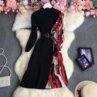 Print Panel Knit Midi A-line Dress