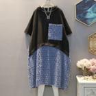 Hood Short-sleeve A-line Dress Blue - One Size