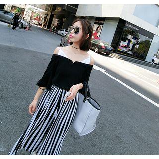 Set : Off-shoulder Strap Bell-sleeve Top + Wide Leg Pants